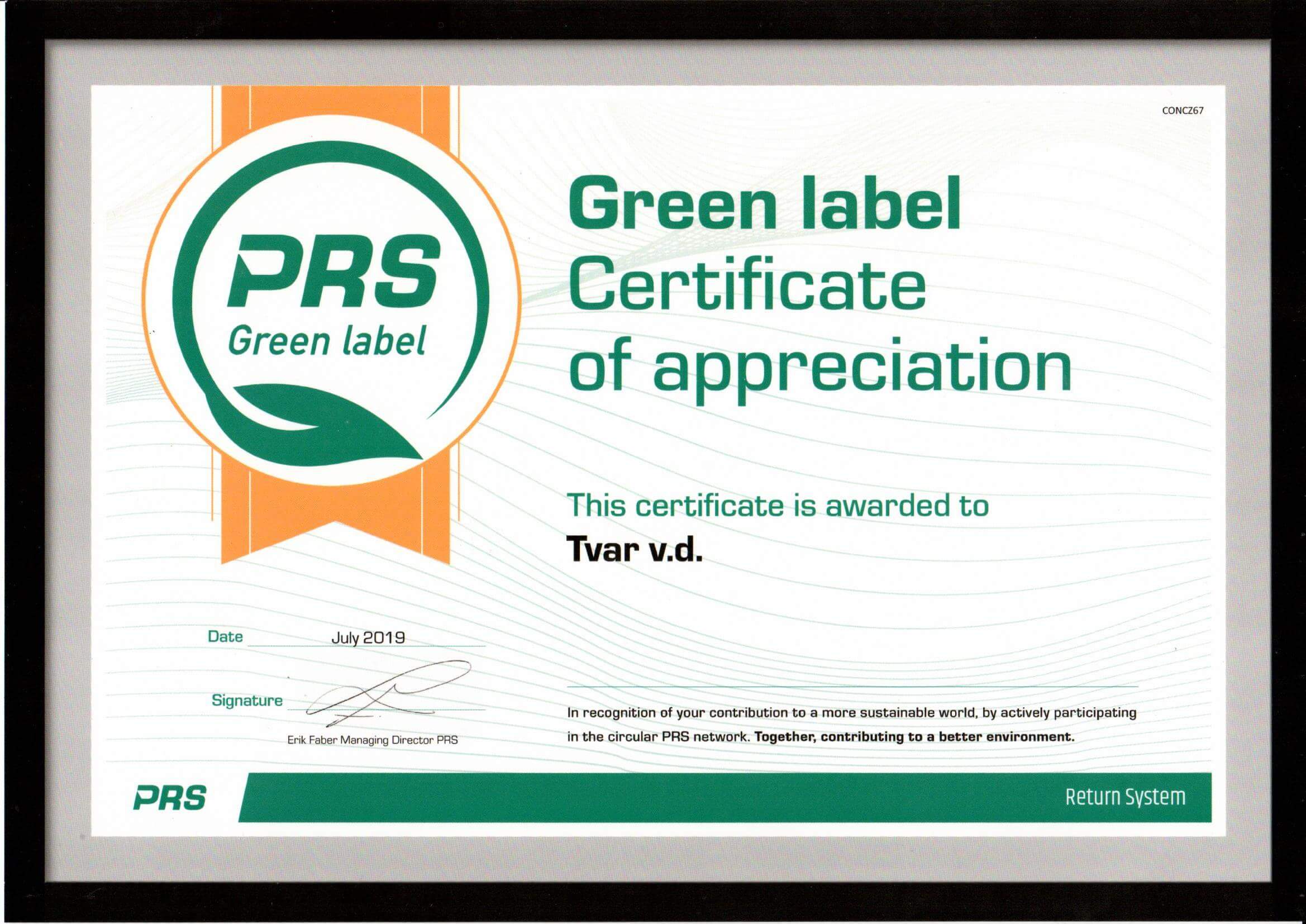 Certificate PRS Green Label